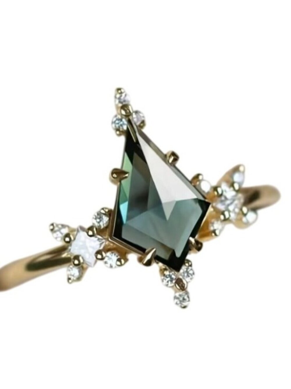 Kite Cut Green Sapphire & Moissanite Engagement Anniversary 14k gold Ring